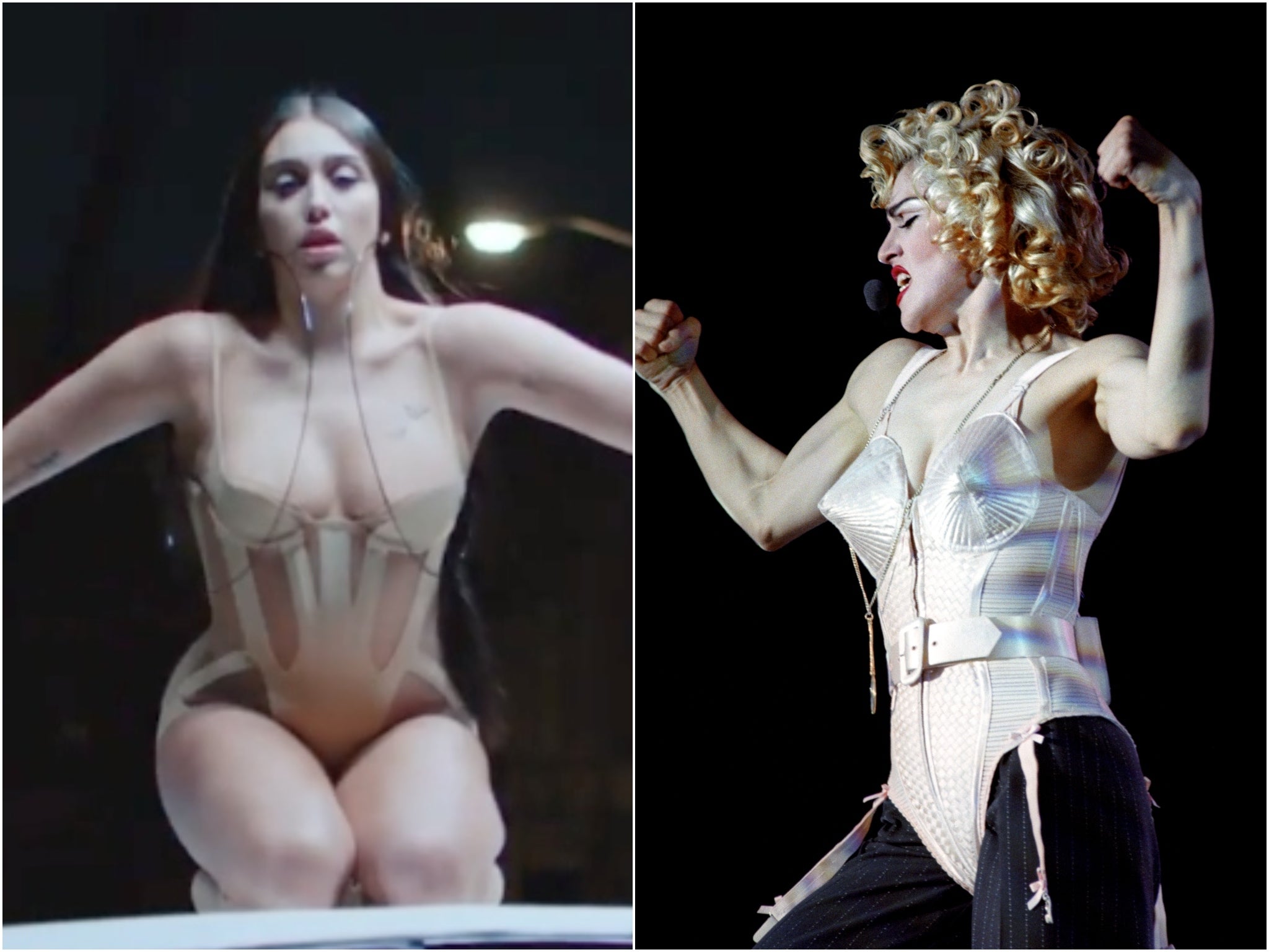 Lourdes Leon (L) in the new Mugler campaign and Madonna (R) in 1990