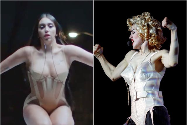<p>Lourdes Leon (L) in the new Mugler campaign and Madonna (R) in 1990</p>