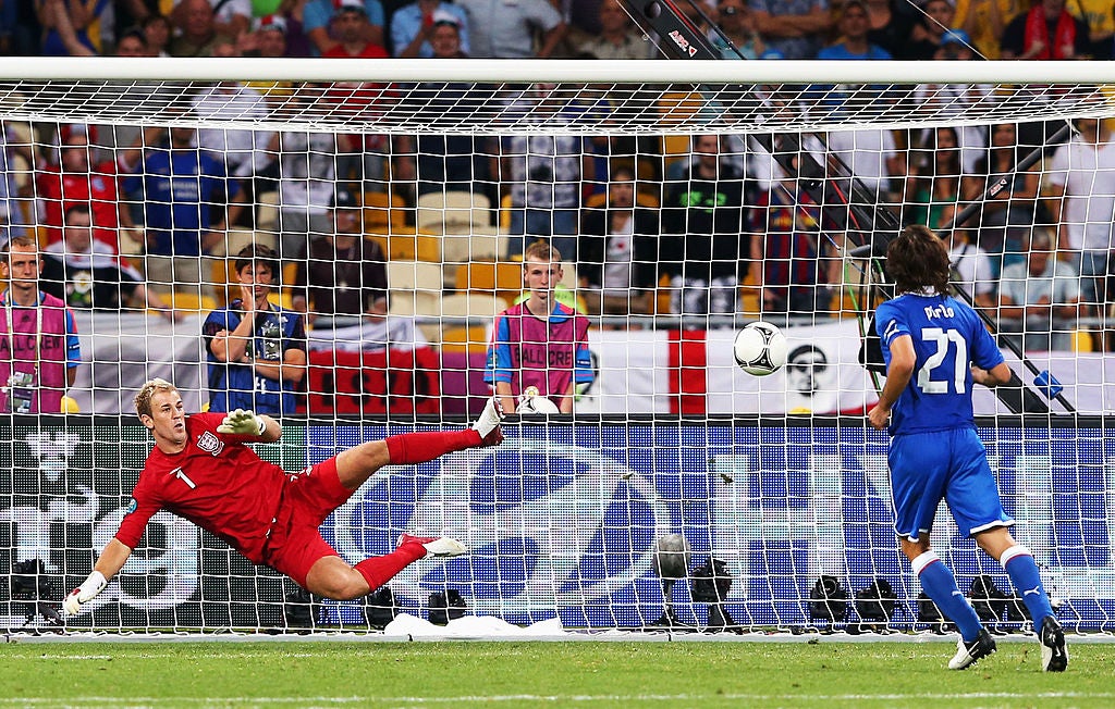Andrea Pirlo chips the ball in the penalty shootout past Joe Hart during the 2012 Euros