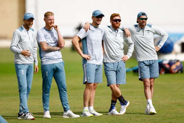 <p>England players (from left) Joe Root, Ben Stokes, Alex Lees, Jonny Bairstow and James Anderson during practice</p>