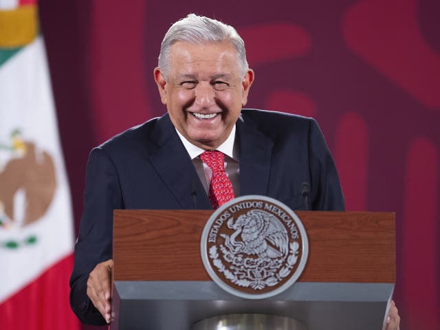 <p>A handout photo made available by the Mexican presidency, of Mexican President Andres Manuel Lopez Obrador, during a press conference at the National Palace in Mexico City, Mexico, 09 June 2022</p>