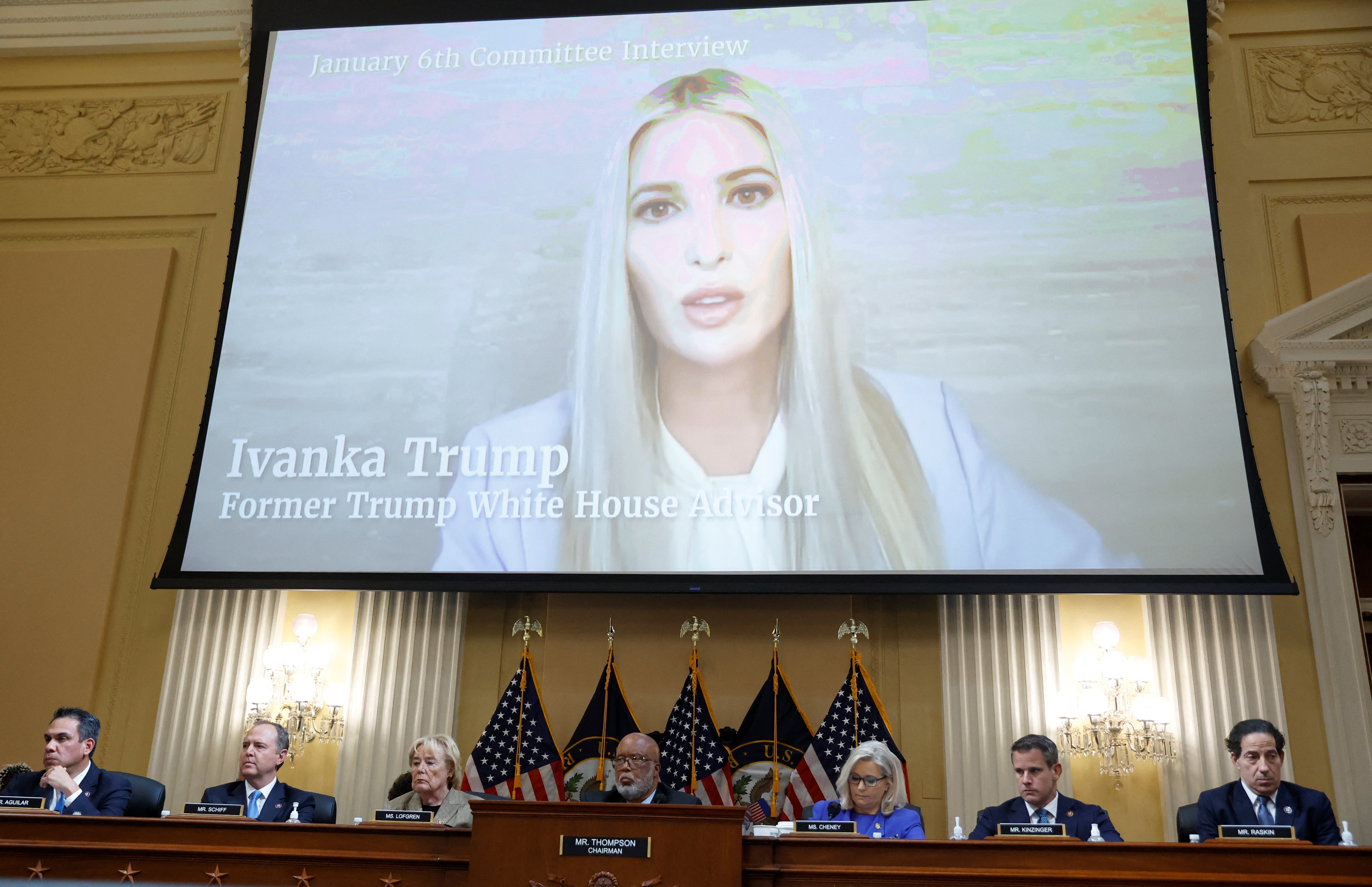 Former White House Senior Adviser Ivanka Trump is seen on a video screen during the public hearing of the U.S. House Select Committee to Investigate the January 6 Attack on the United States Capitol, on Capitol Hill in Washington, U.S., June 9, 2022. REUTERS/Jonathan Ernst