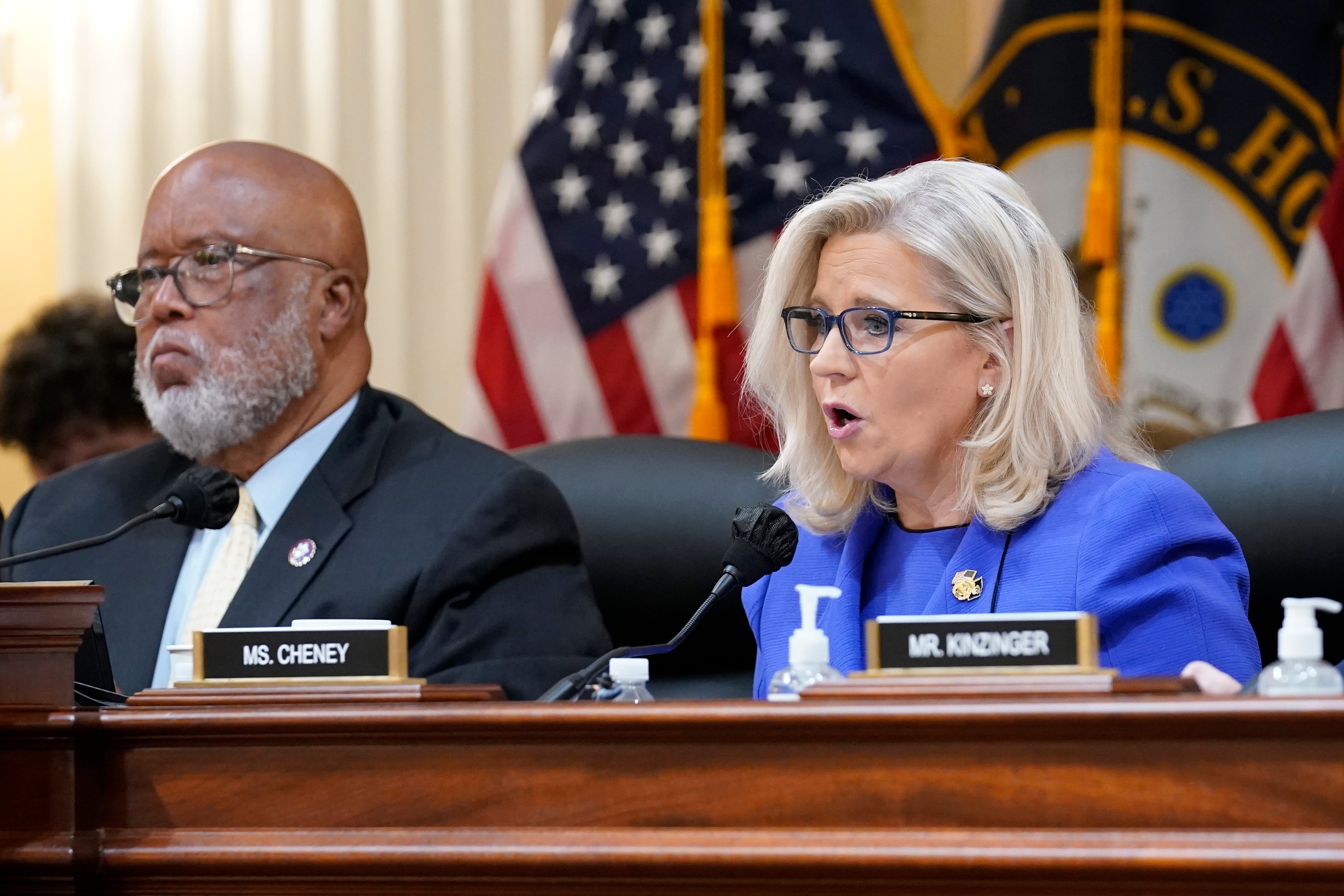 Vice Chair Liz Cheney, R-Wyo., gives her opening remarks as Committee Chairman Rep. Bennie Thompson, D-Miss., left, looks on, as the House select committee investigating the Jan. 6 attack on the U.S. Capitol holds its first public hearing to reveal the findings of a year-long investigation, at the Capitol in Washington, Thursday, June 9, 2022. (AP Photo/J. Scott Applewhite)