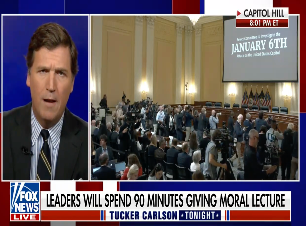 <p>Tucker Carlson hits out at the January 6 committee as it holds its first public hearings </p>