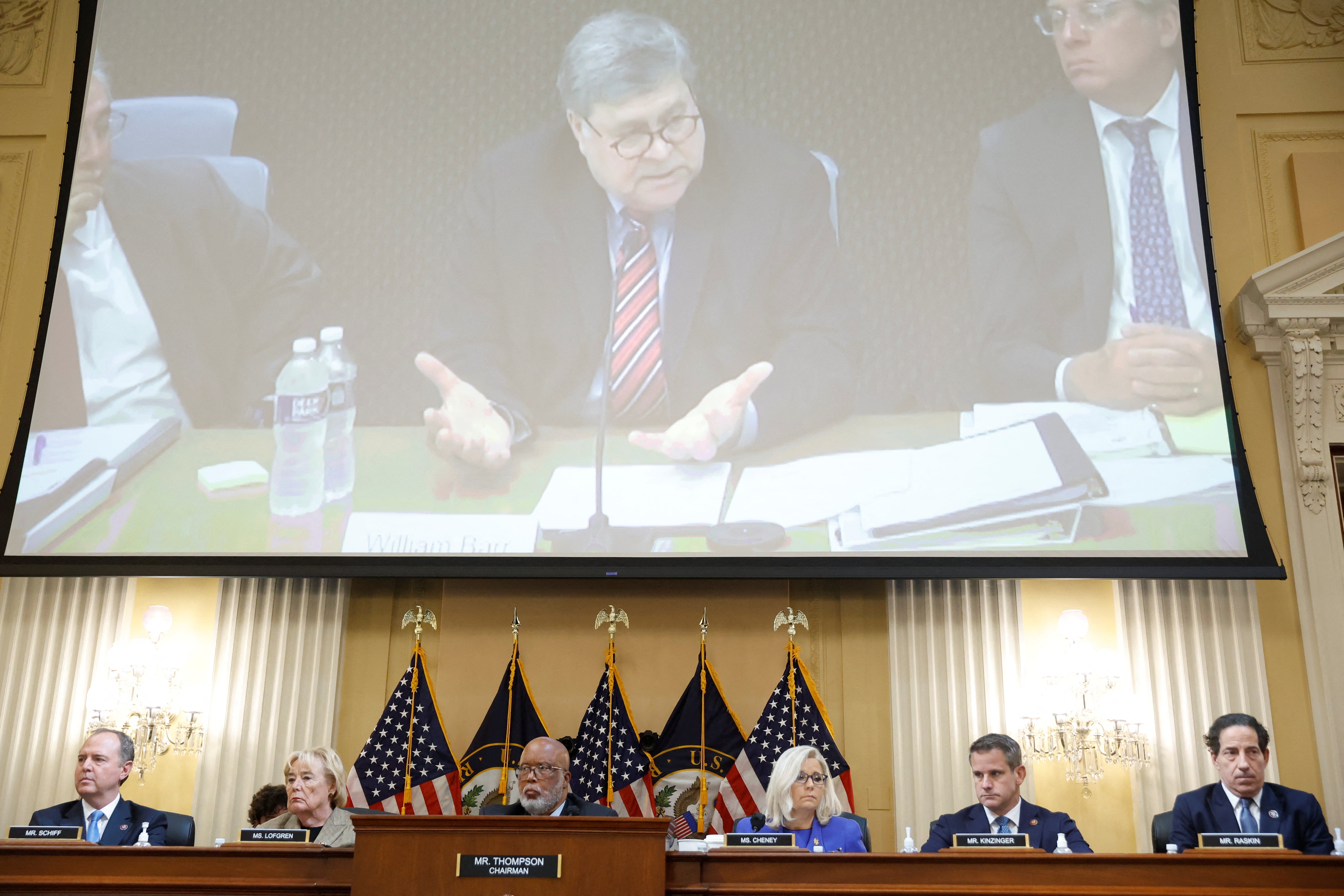 Former US attorney general Bill Barr is seen on video during his deposition presented by the House panel on 9 June