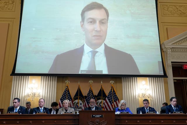 <p>Former President Donald Trump’s son-in-law Jared Kushner is seen on a screen during a hearing</p>