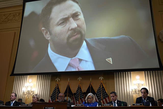 <p>Jason Miller, former Trump campaign adviser, is seen onscreen during a House Select Committee hearing to Investigate the January 6th Attack on the US Capitol</p>