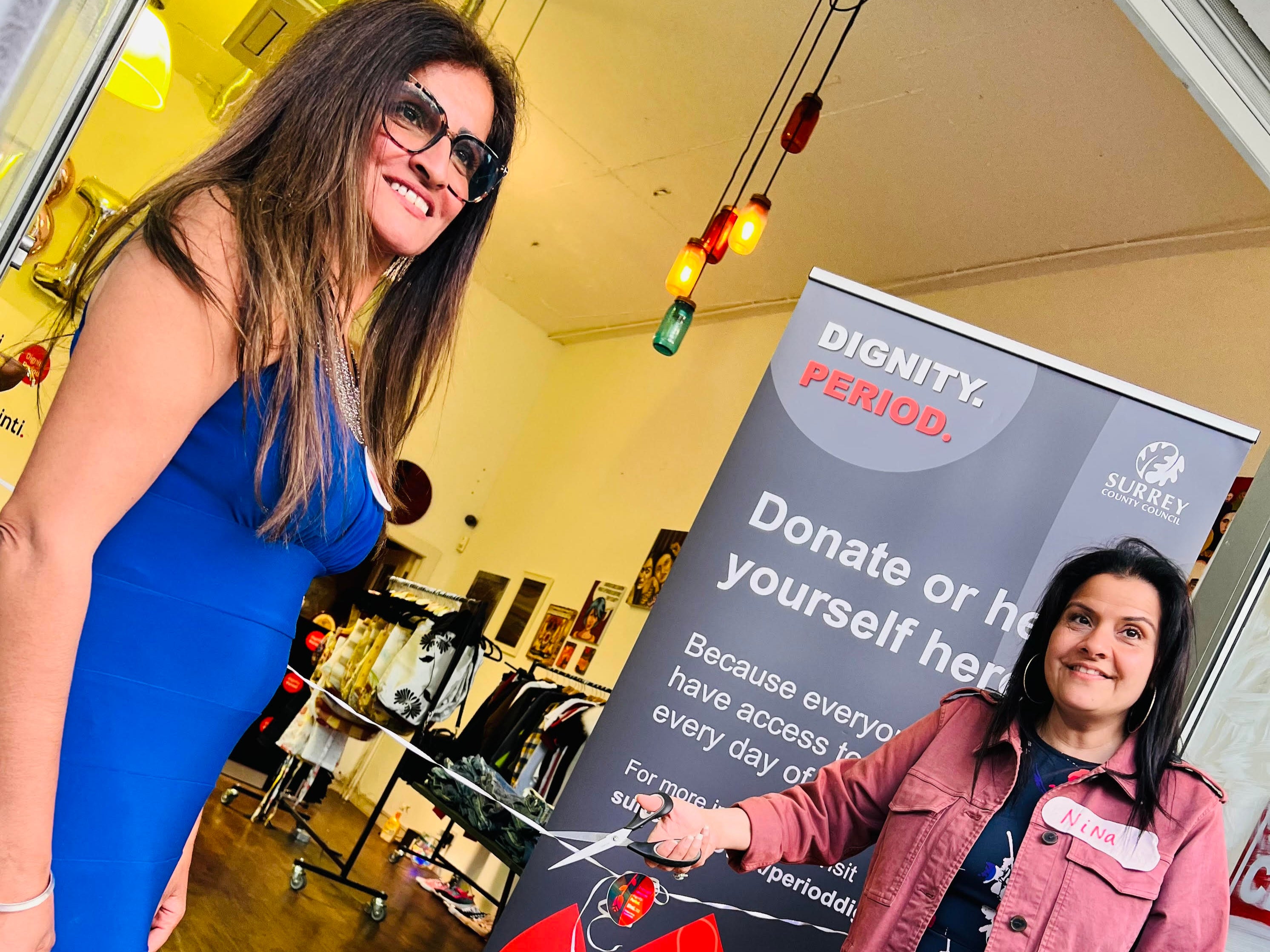 Manjit K Gill (left) and Nina Wadia at the opening of the Binti period charity shop