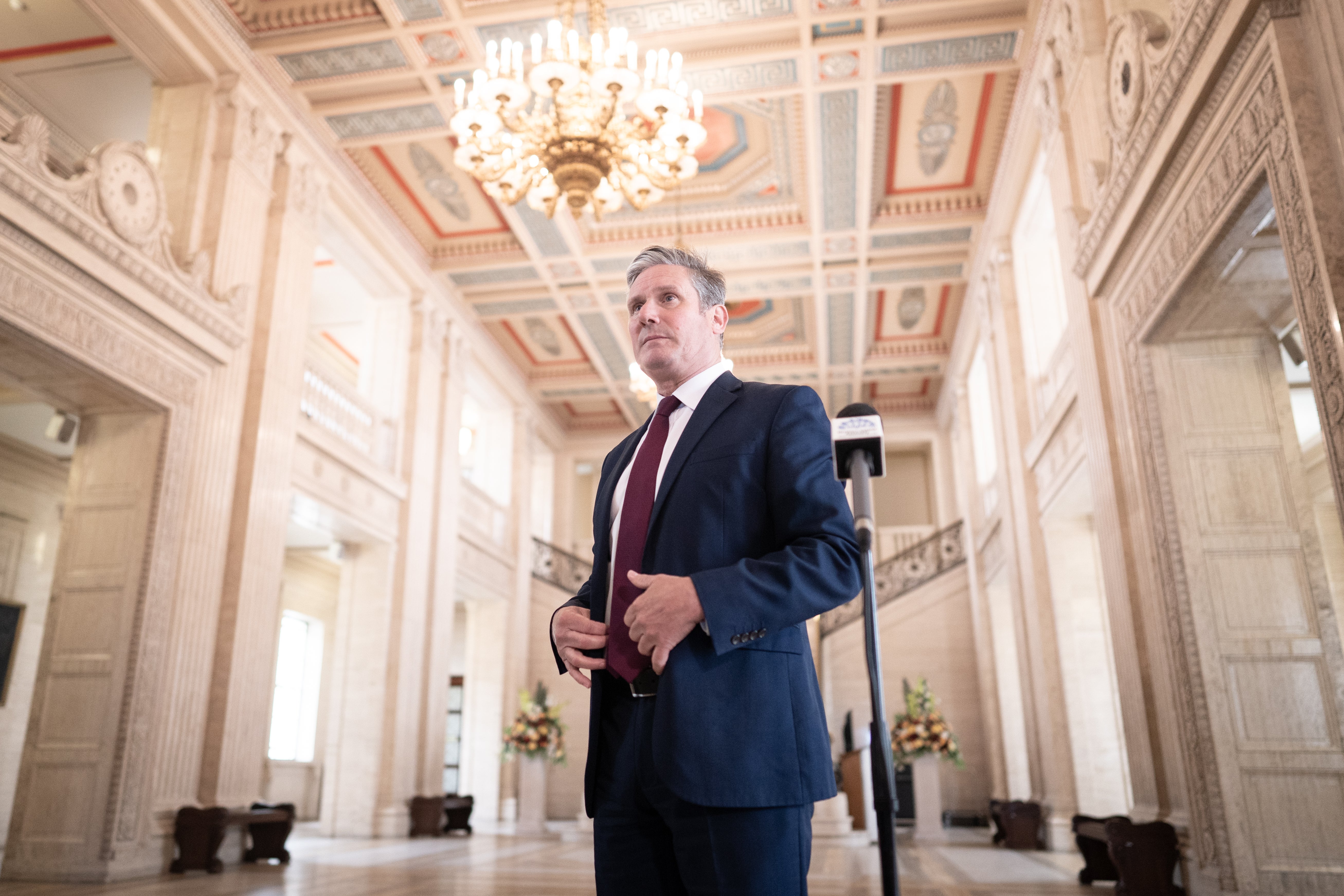 Labour leader Sir Keir Starmer speaks to the media at the Stormont Parliament Buildings in Belfast where he is holding meetings with leaders of political parties during the final day of his three day visit to Dublin and Belfast. Picture date: Friday June 10, 2022.