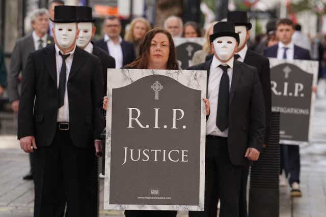 <p>Representatives from Relatives for Justice protested in Westminster last month against the UK government’s introduction of controversial legacy legislation</p>