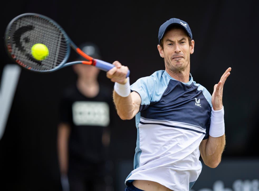 <p>Andy Murray in action against Stefanos Tsitsipas</p>