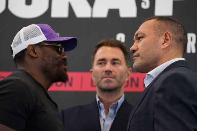 <p>Derek Chisora (left) and Kubrat Pulev face off during a London press conference (Victoria Jones/PA)</p>
