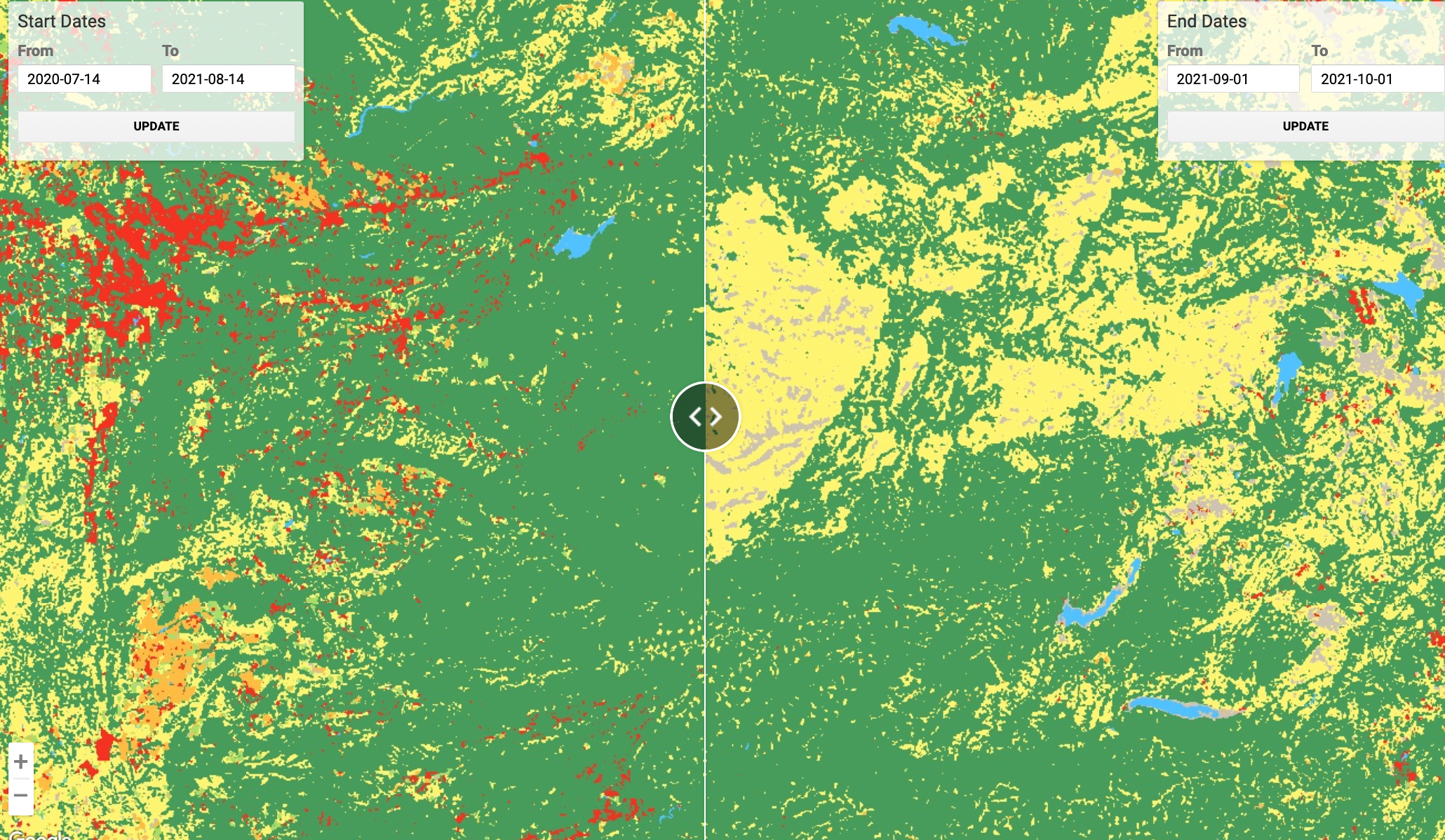 A comparison between northern California pre- and post-Caldor fire. Areas in green are tree cover and areas in yellow are “shrub and scrub"
