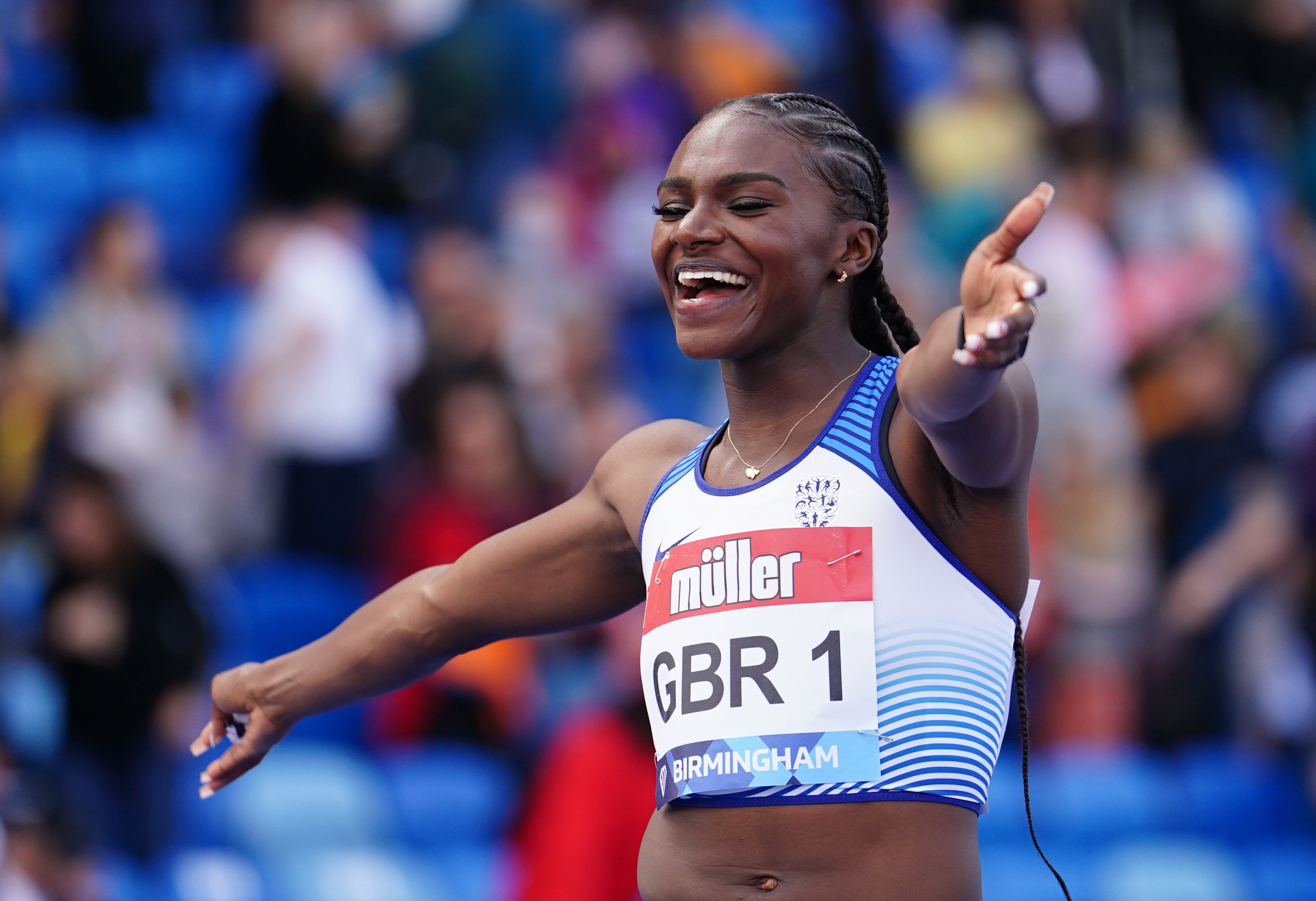 Dina Asher-Smith (GB) celebrates after running a Personal Best in the  women's 200m during the Sainsbury's Birmingham Grand Prix IAAF Diamond  League Meeting at Alexandra Stadium, Birmingham, West Midlands, England on  June