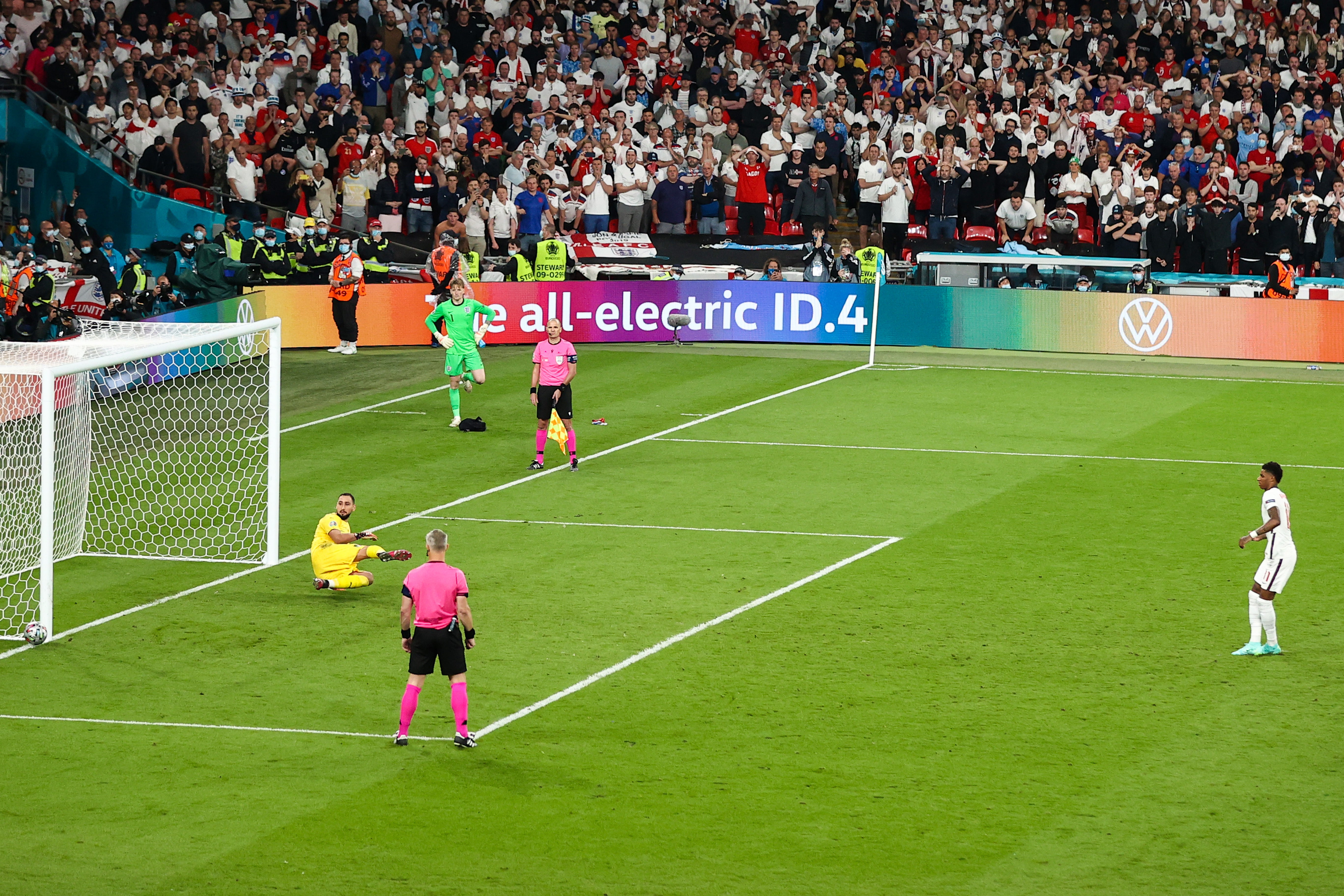 Marcus Rashford misses his penalty during the Euro 2020 final shoot-out (Christian Charisius via DPA/PA)