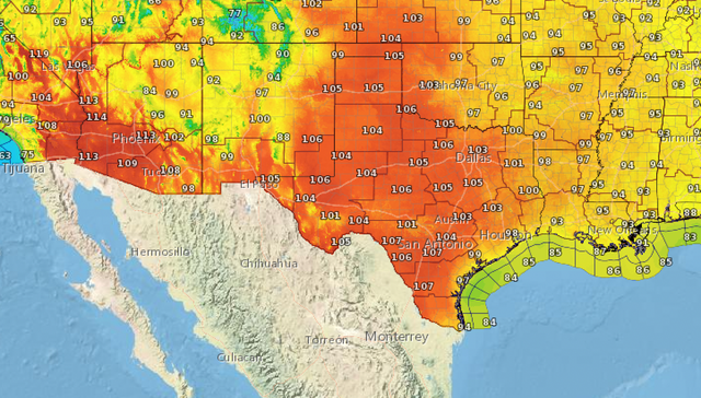 <p>A maximum temperature map for Sunday. Temperatures are expected to reach well above 100 in much of the US west this weekend</p>