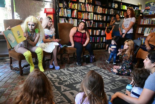 <p>A Drag Queen Story Hour at a bookshop in Riverside, California in June 2019</p>
