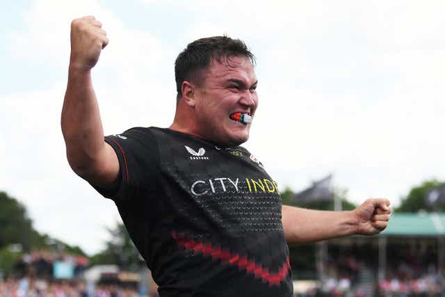 <p>Jamie George celebrates Saracens’ victory </p>