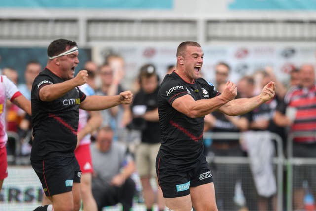 Ben Earl celebrates scoring a try during the Gallagher Premiership play-off semi-final win over Harlequins (Mark Pain/PA)