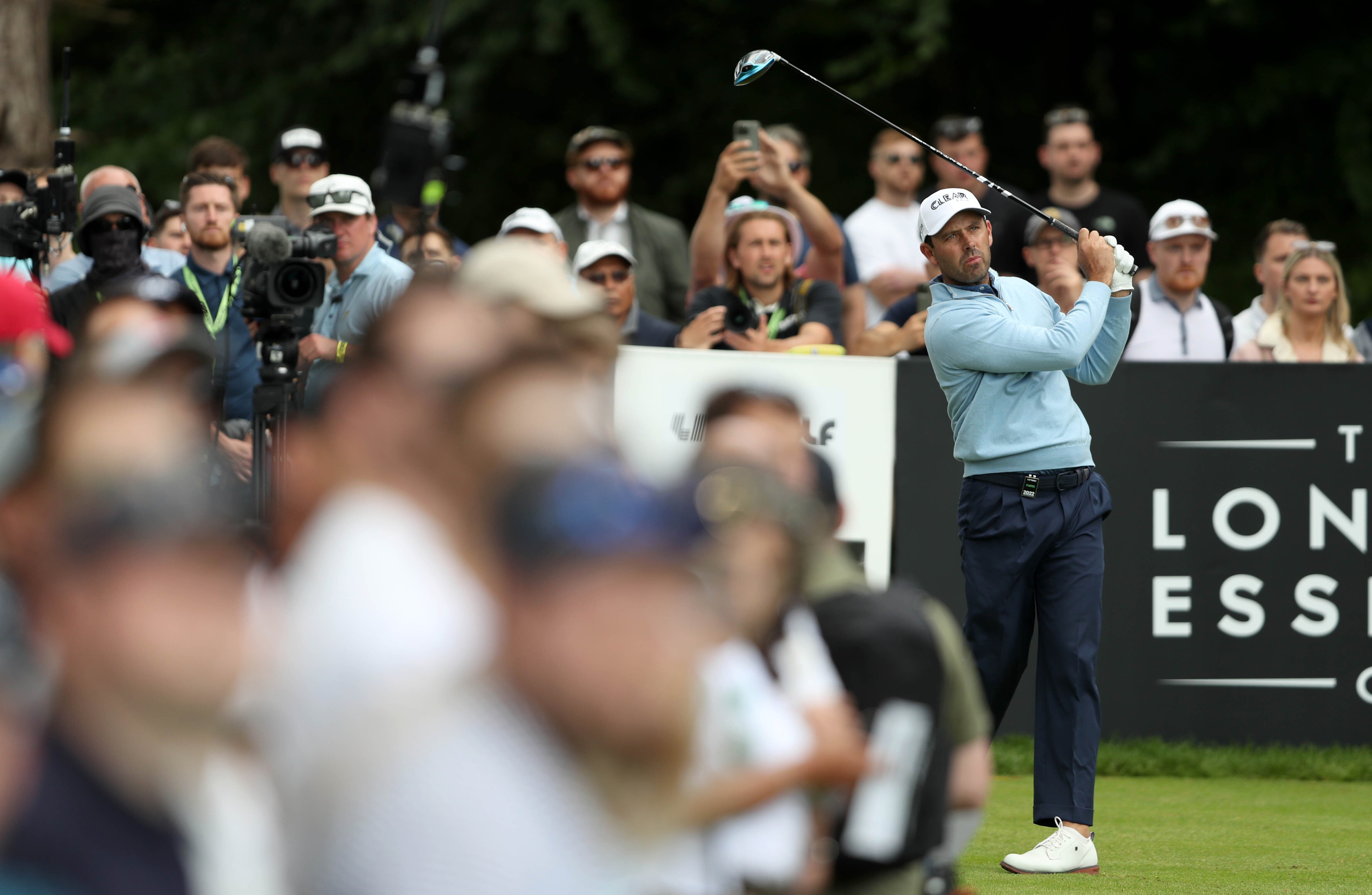South Africa’s Charl Schwartzel tees off on the 3rd hole during day three of the LIV Golf Invitational Series at the Centurion Club (Kieran Cleeves/PA)