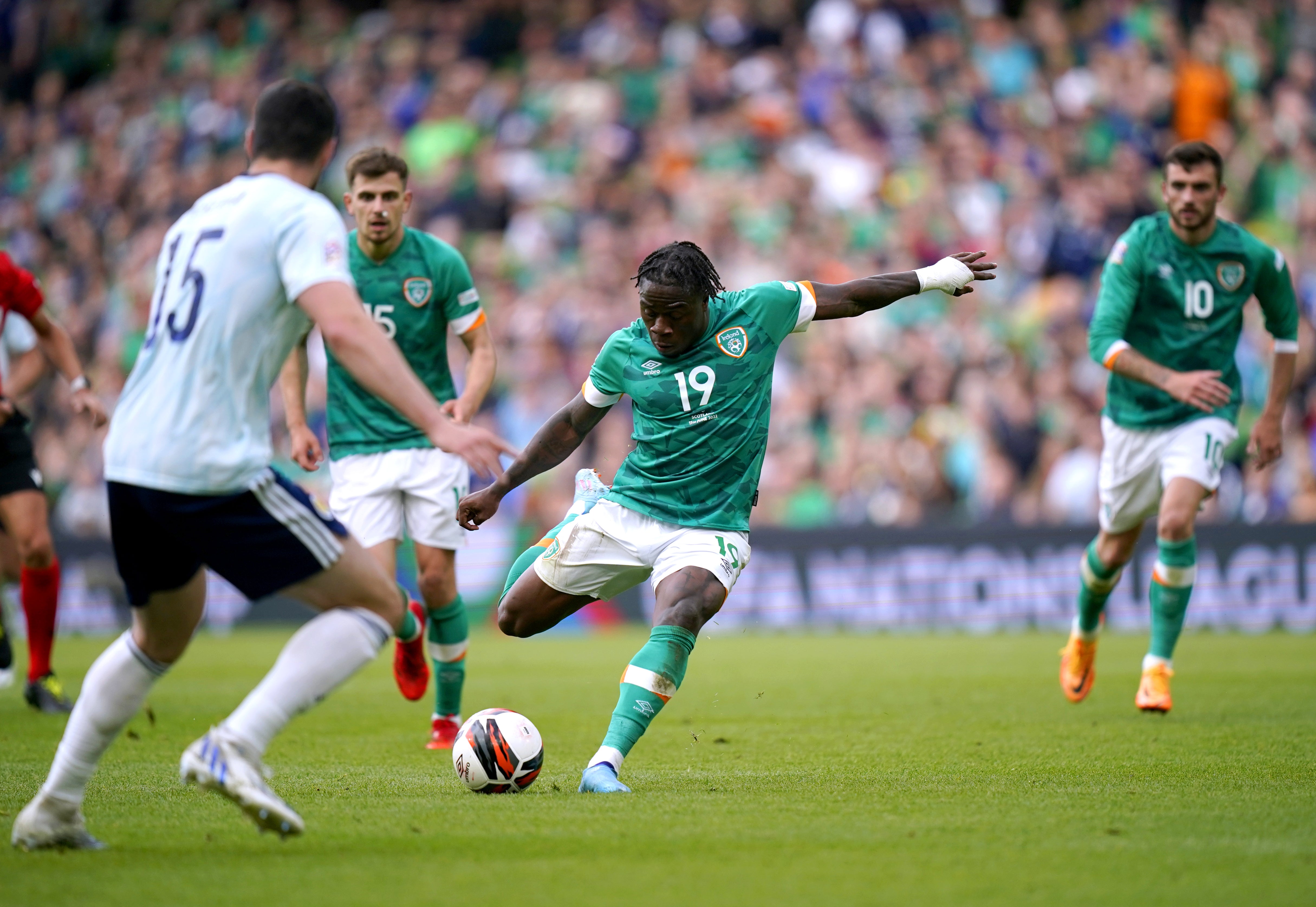 Michael Obafemi thumps home his stunning goal (Niall Carson/PA).