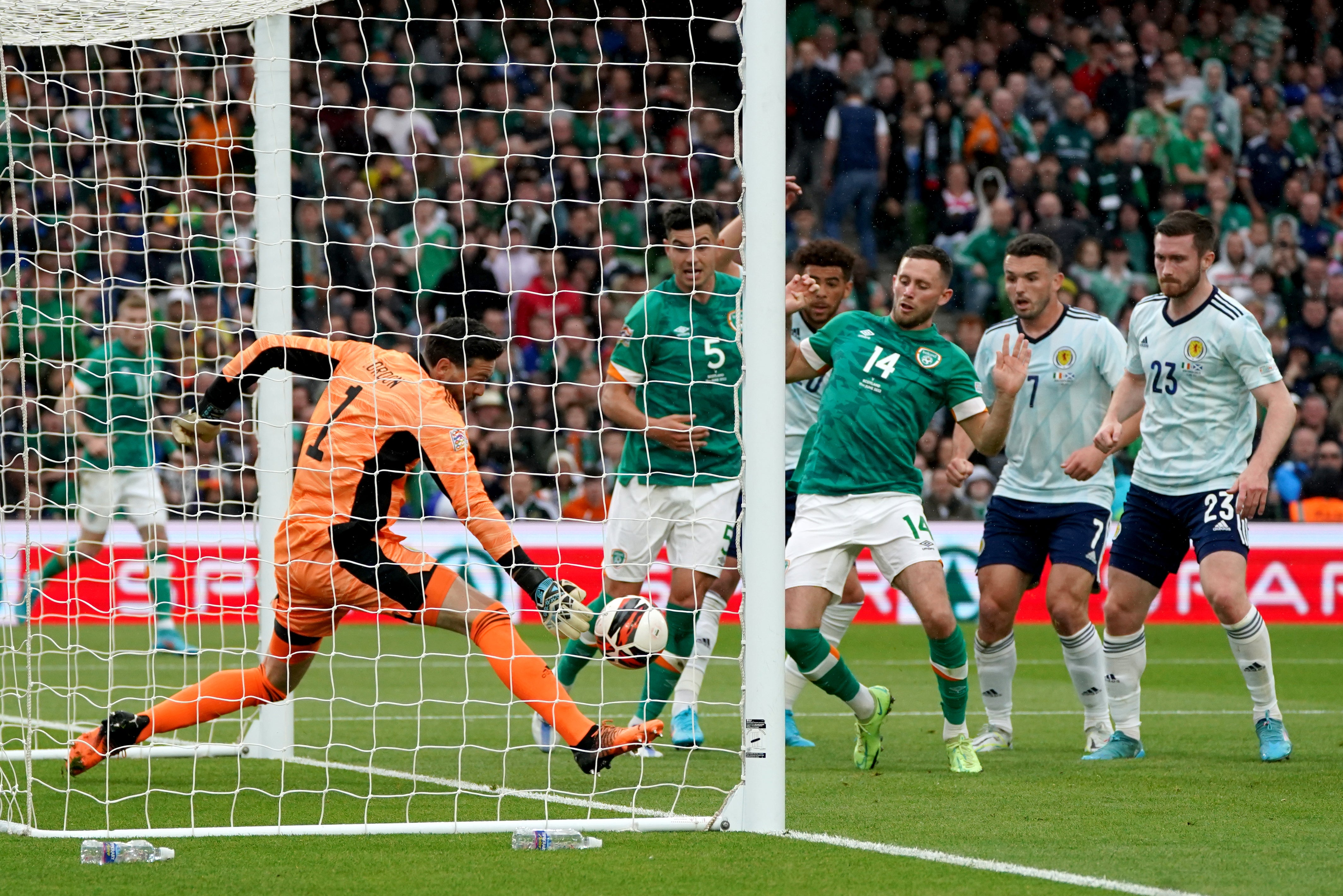 Alan Browne (centre) bundles home the opening goal (Brian Lawless/PA).