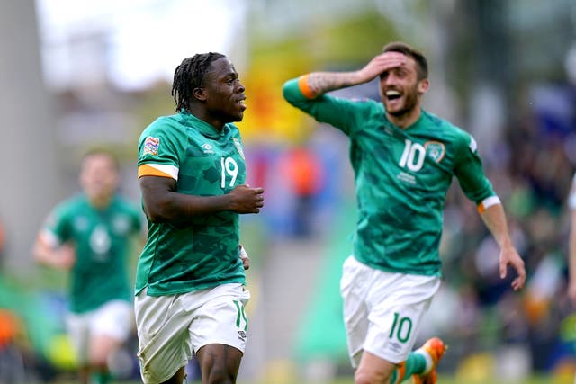 Republic of Ireland striker Michael Obafemi (left) scored one goal and made another for Troy Parrott (right) in a 3-0 Nations League win over Scotland (Niall Carson/PA)