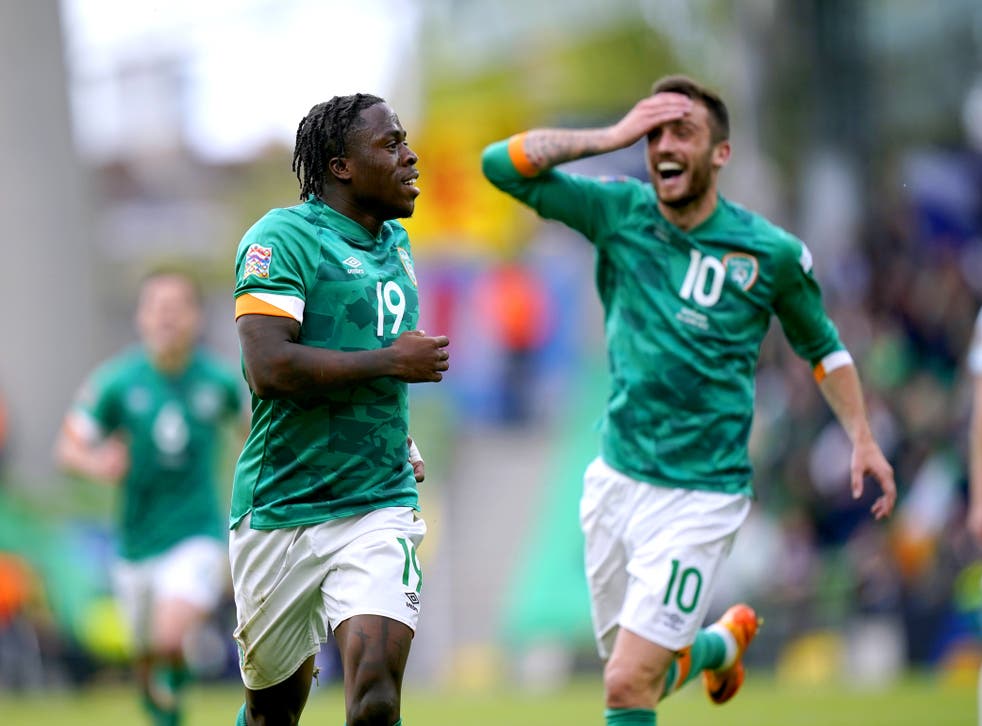 Republic of Ireland striker Michael Obafemi (left) scored one goal and made another for Troy Parrott (right) in a 3-0 Nations League win over Scotland (Niall Carson/PA)