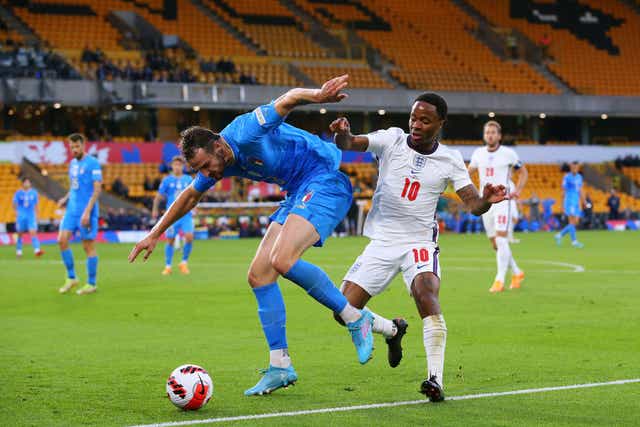 <p>Federico Gatti is challenged by Raheem Sterling</p>