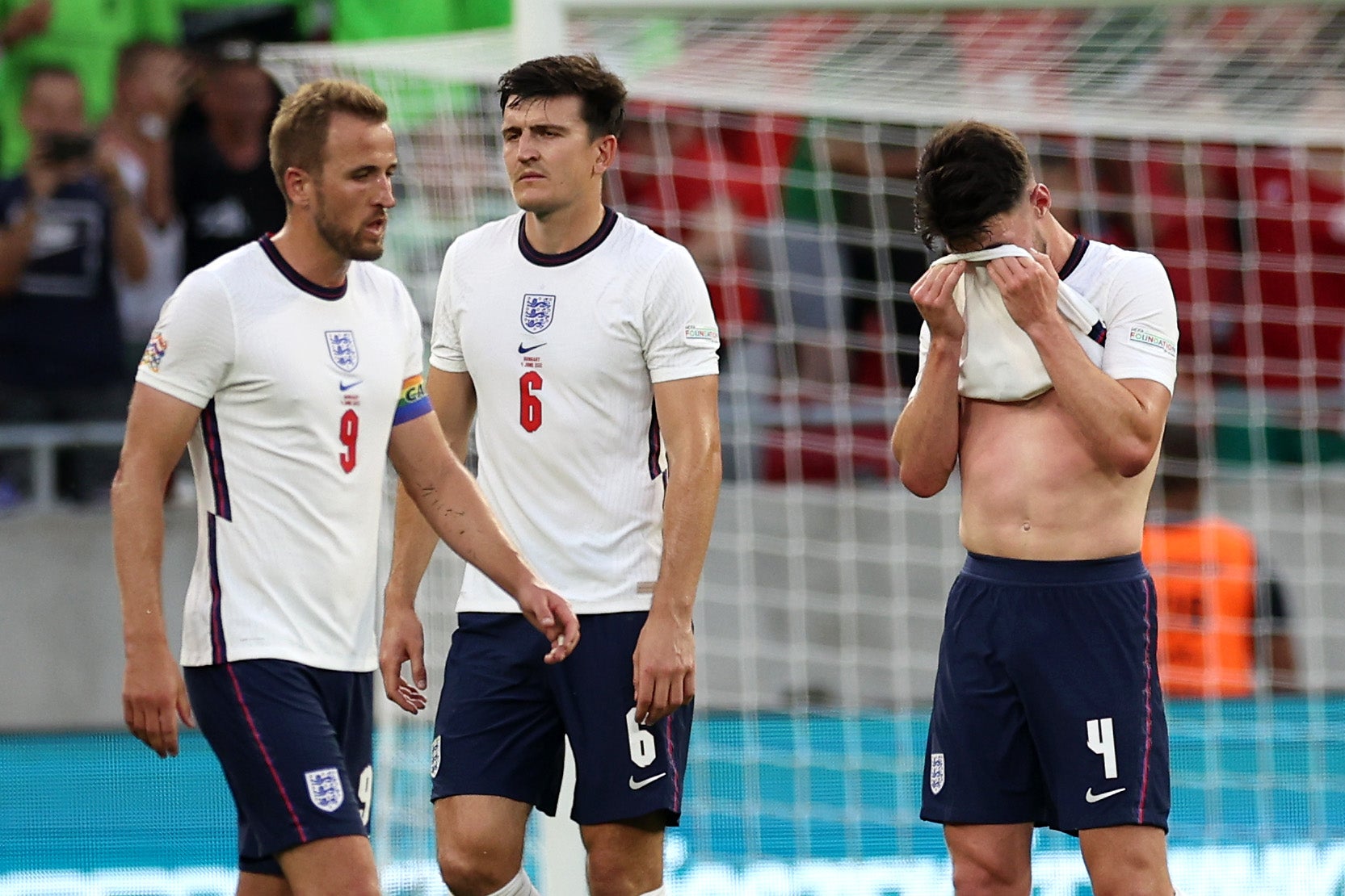 Harry Kane, Harry Maguire and Declan Rice after England’s Nations League defeat against Hungary