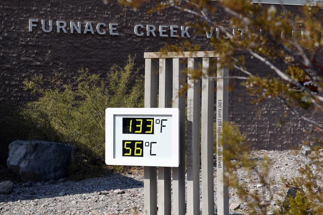 <p>An unofficial thermometer reads 133F/56C at Furnace Creek Visitor Center on 11 July 2021 in Death Valley National Park  </p>
