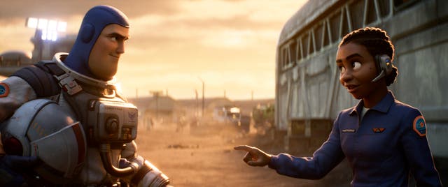 <p>‘Lightyear’ characters Buzz and Hawthorne, voiced by Chris Evans and Uzo Aduba respectively</p>