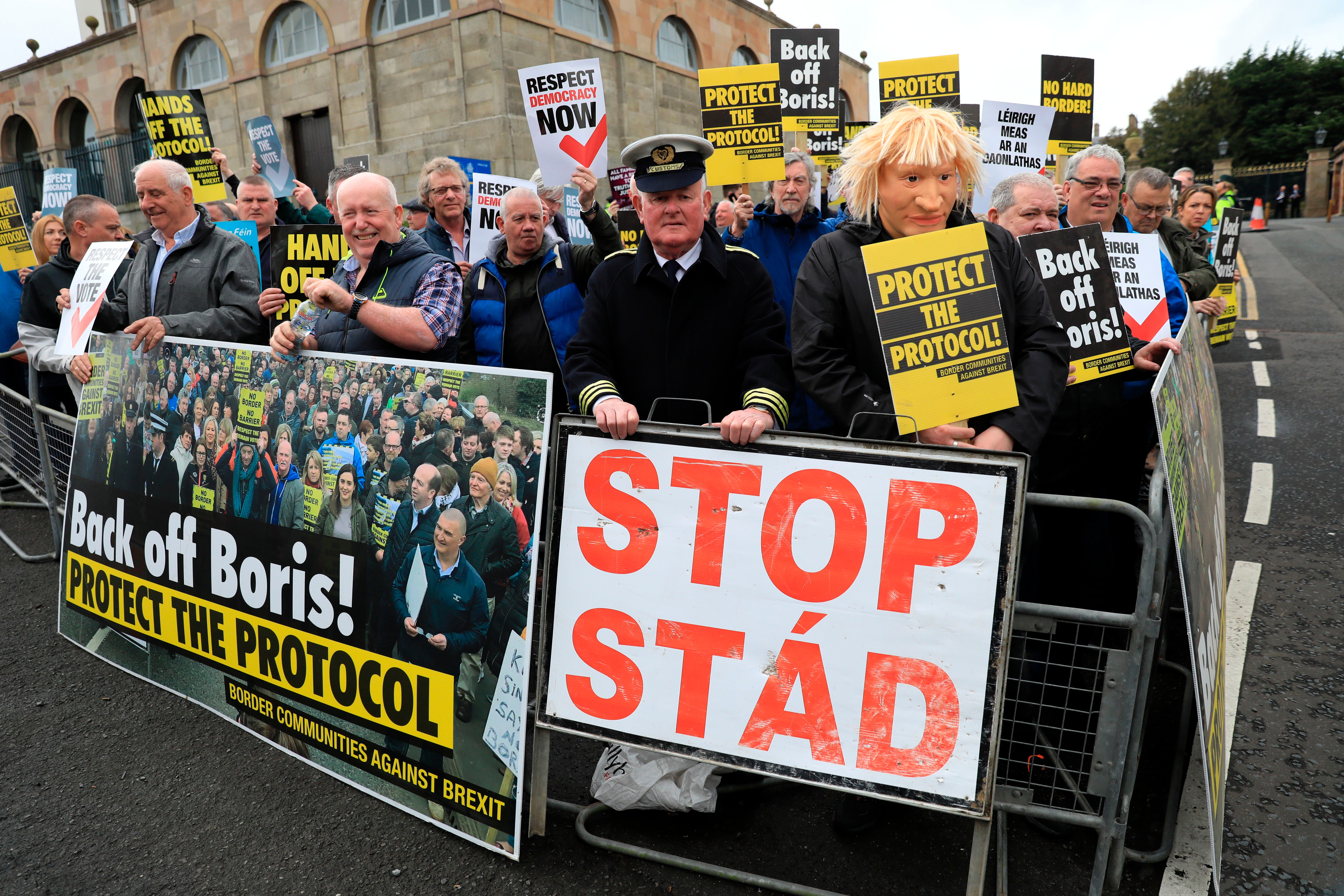 Protect the protocol: demonstrators rally outside Hillsborough Castle in Northern Ireland last month