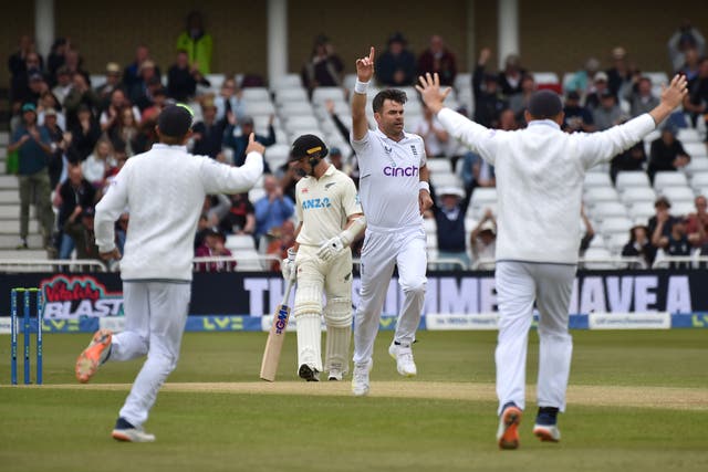 James Anderson, second right, celebrates the dismissal of Tom Latham (Rui Vieira/AP).