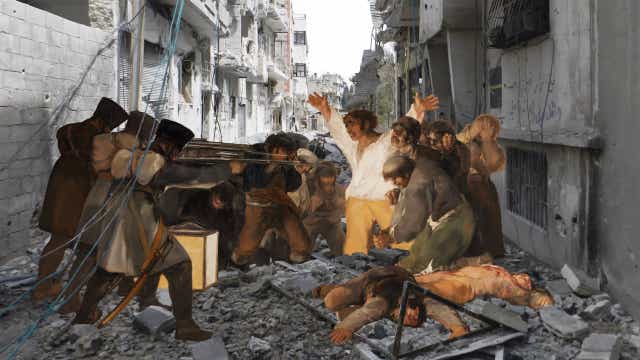 <p>A photomontage of Goya’s ‘Third of May’ by Tammam Azzam</p>