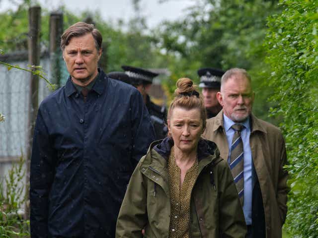 <p>David Morrissey, Lesley Manville and Robert Glenister in ‘Sherwood’</p>
