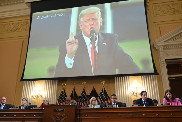 <p>A video image of former US president Donald Trump is seen on a screen during a House Select Committee hearing to Investigate the January 6th Attack on the US Capitol, in the Cannon House Office Building on Capitol Hill in Washington, DC on June 13, 2022</p>
