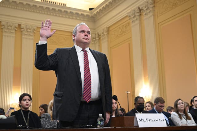 <p>Chris Stirewalt, former Fox political editor, is sworn-in before testifying during a hearing by the Select Committee to Investigate the January 6th Attack on the US Capitol in the Cannon House Office Building on June 13, 2022 in Washington, DC</p>
