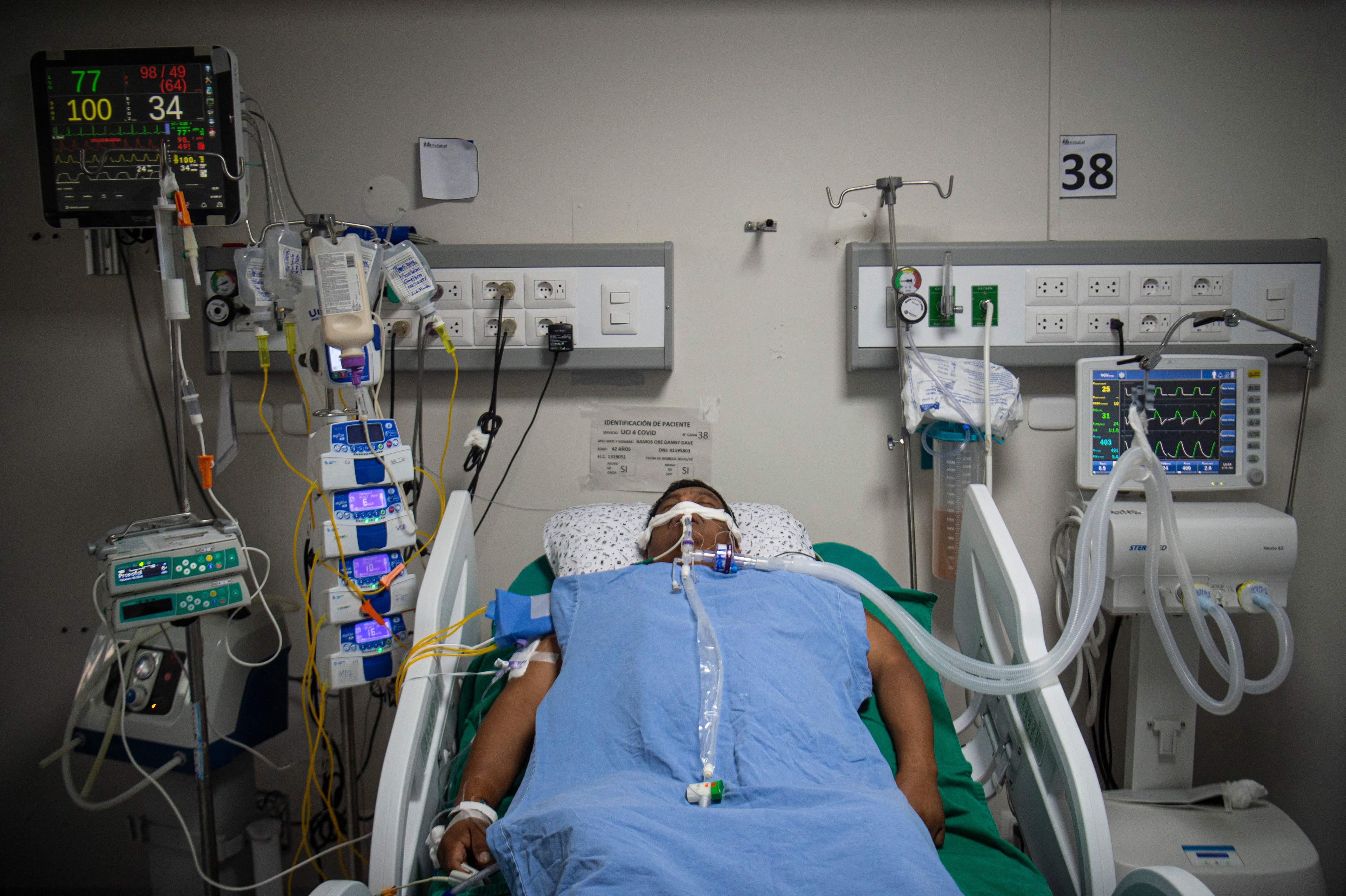 A Covid patient at the Alberto Sabogal Sologuren Hospital in Lima. Peru was hit hard by the pandemic