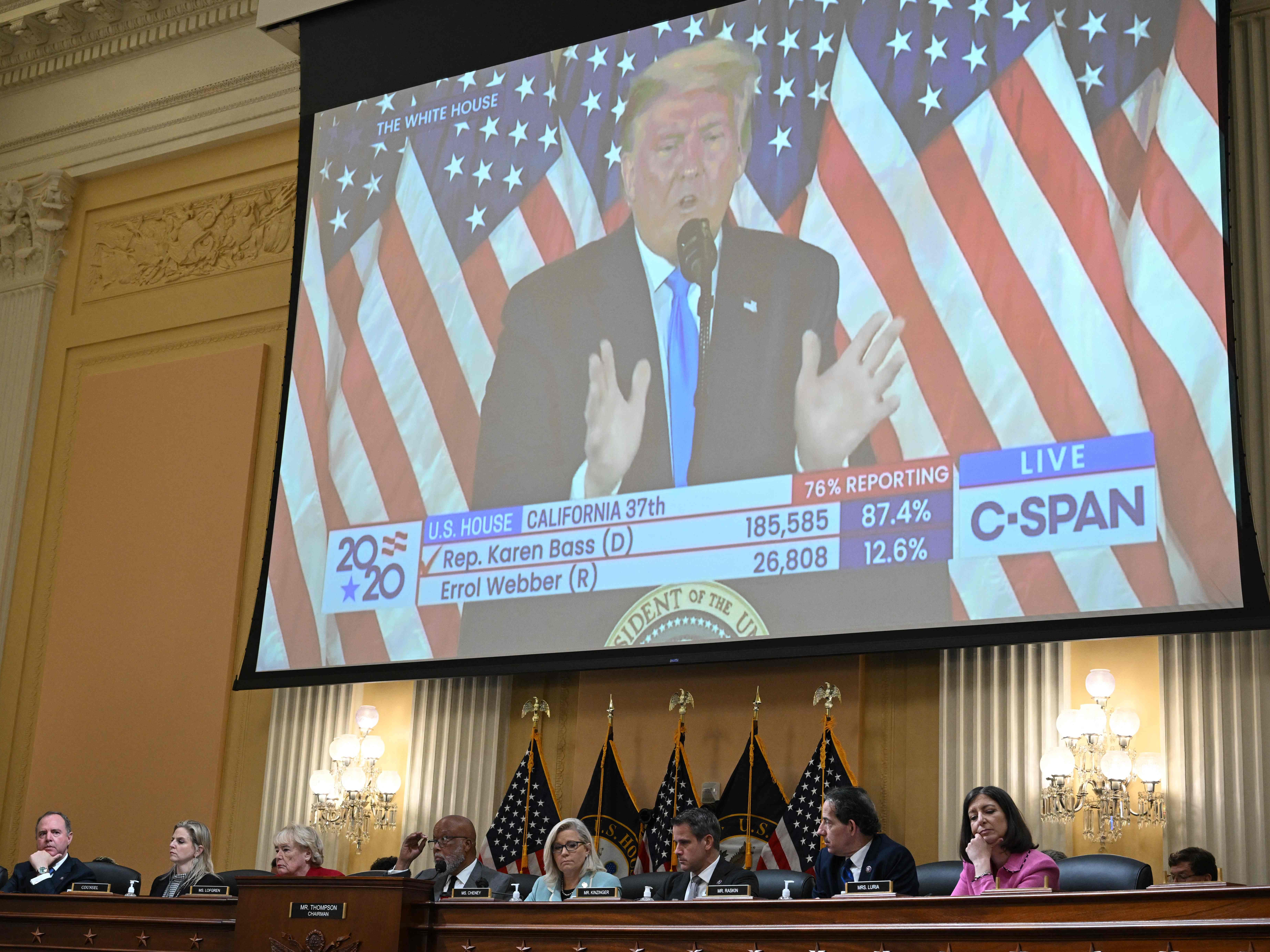 A video image of former US president Donald Trump is seen on a screen during a House Select Committee hearing to Investigate the January 6th Attack on the US Capitol