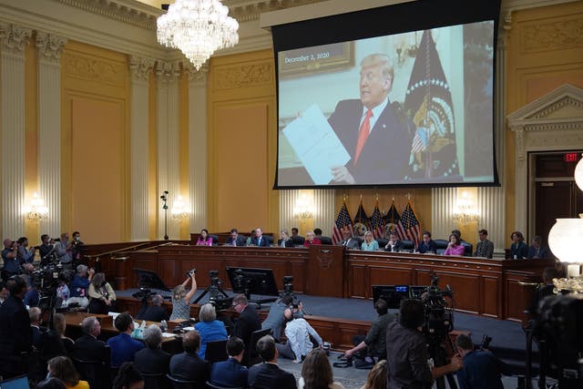 <p>Donald Trump is shown onscreen during the second hearing of the January 6 committee </p>