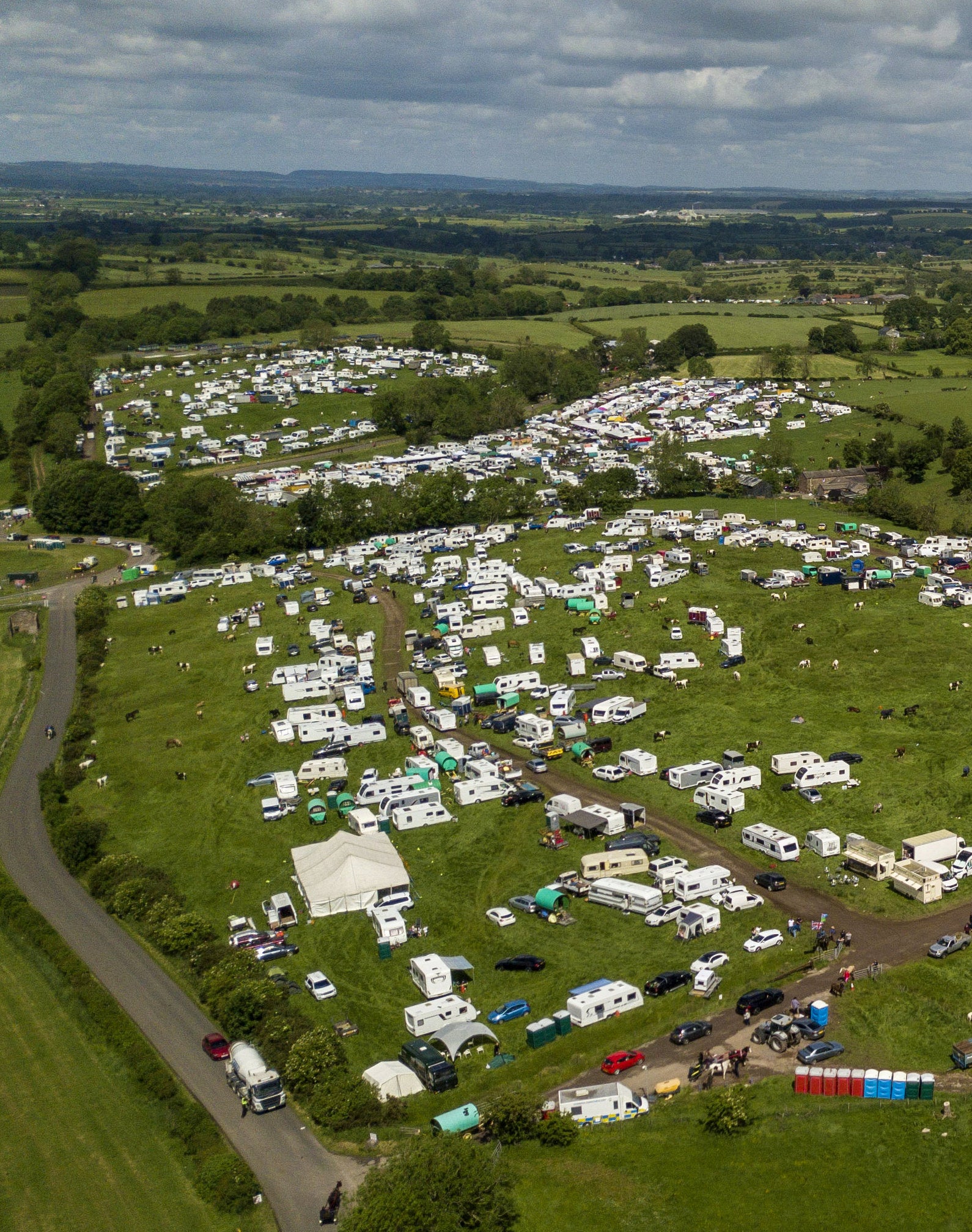 Aerial view of the travellers campsite on the outskirts of Appleby-in-Westmorland, Cumbria.