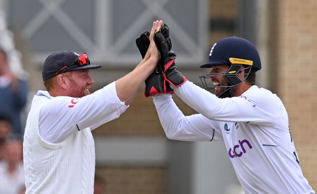Ben Foakes celebrates with Jonny Bairstow as England’s bowlers enjoyed success at Trent Bridge
