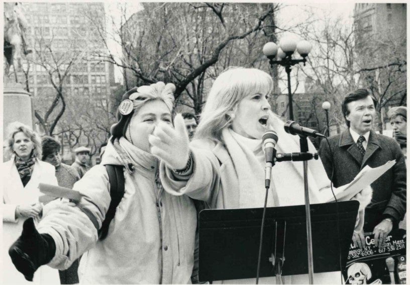 Merle Hoffman and Sue Davis address a New York City rally in 1989 with abortion rights advocate Bill Baird, right