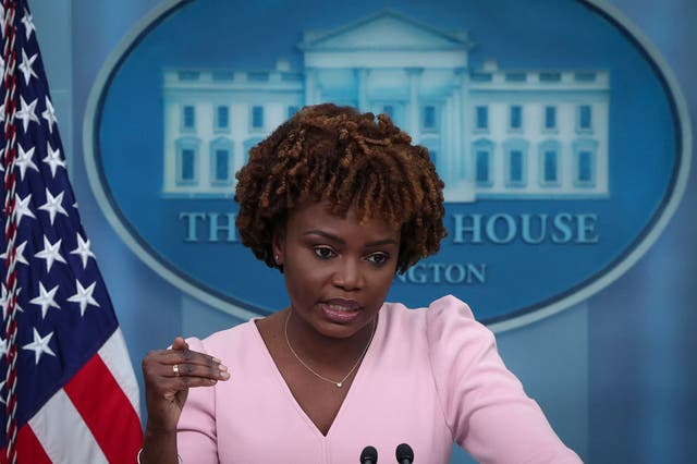 <p>White House press secretary Karine Jean-Pierre at Monday’s press briefing</p>