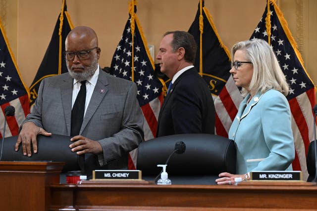 <p>Bennie Thompson (left), Adam Schiff and Liz Cheney at the second summer hearing of the 6 January committee</p>