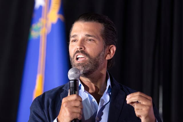 <p>Donald Trump Jr speaks during a campaign event for Republican Nevada Senate candidate Adam Laxalt  at Stoney’s Rockin’ Country in Las Vegas Friday, June 10, 2022</p>