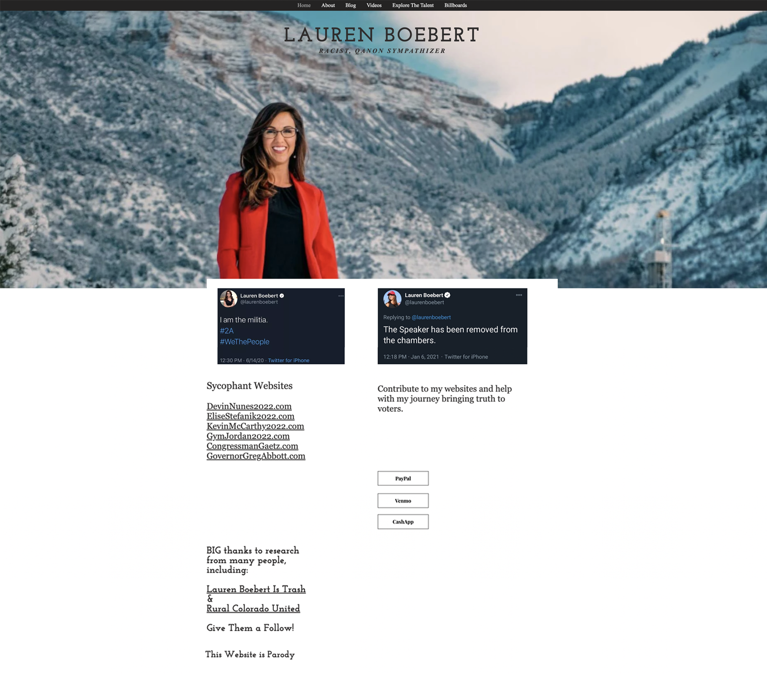 Morton’s websites, such as TheLaurenBoebert.com, use domain names that sound and look official until the satirical content throughout becomes apparent