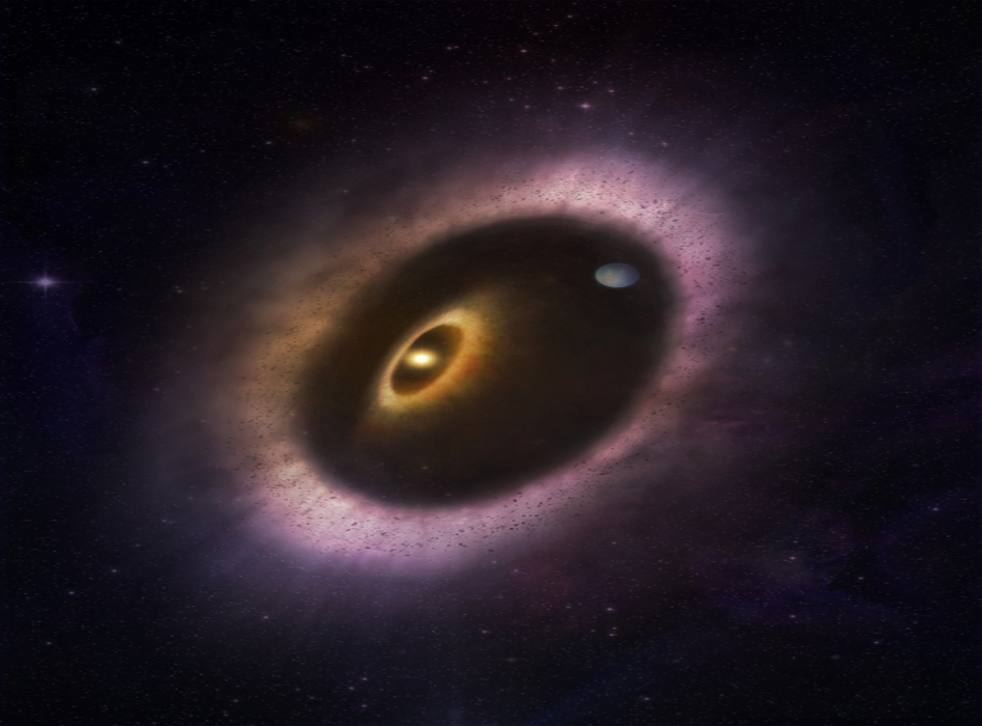 <p>An artist’s impression of the billion-year-old Sun-like star, HD 53143, and its highly eccentric debris disk.</p>