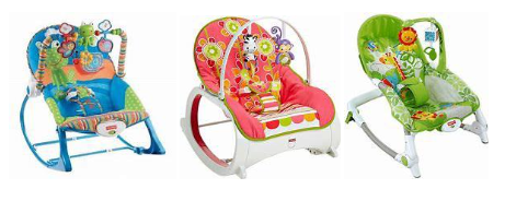 Fisher-Price Infant-to-Toddler Rocker (left and center), Fisher-Price Newborn-to-Toddler Rocker (right)